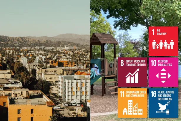 Card shows image of Los Angeles neighborhood and playground with icons for SDG 1, 8, 10, 11, 16 overlaid.
